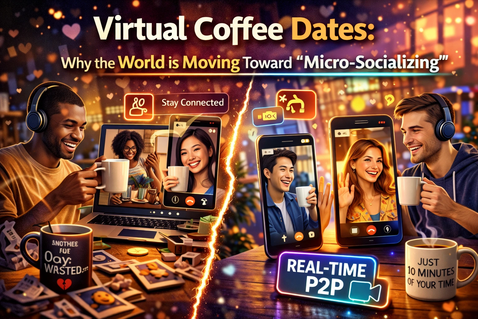 Conceptual illustration of a virtual coffee date and the concept of micro-socializing online